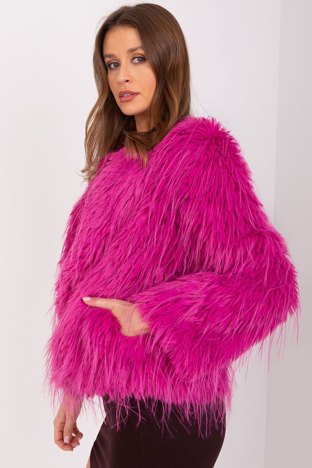  pink elegant jacket with fur trim and hook closure-2