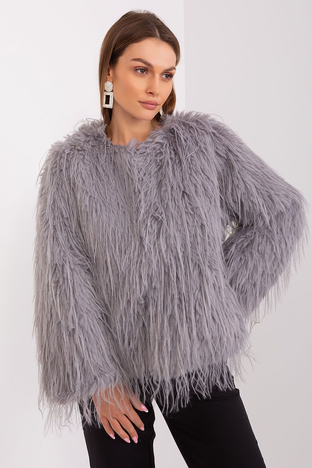 grey elegant jacket with fur trim and hook closure