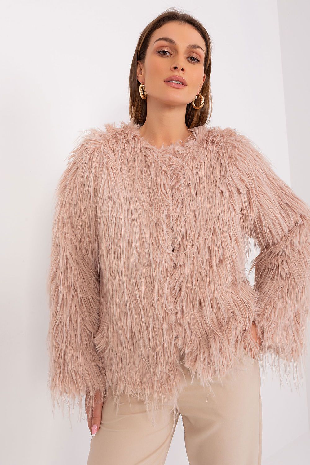 beige faux fur jacket