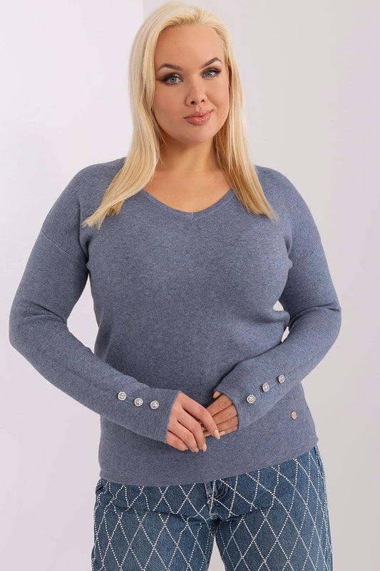 Blue V-neck women’s sweater with decorative cuff buttons.