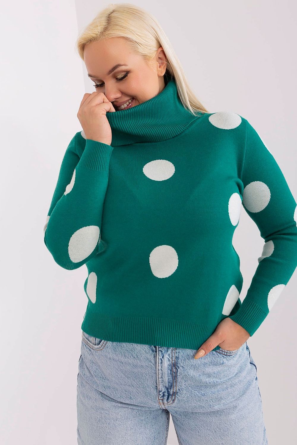  Green turtleneck sweater with white polka dots for women.