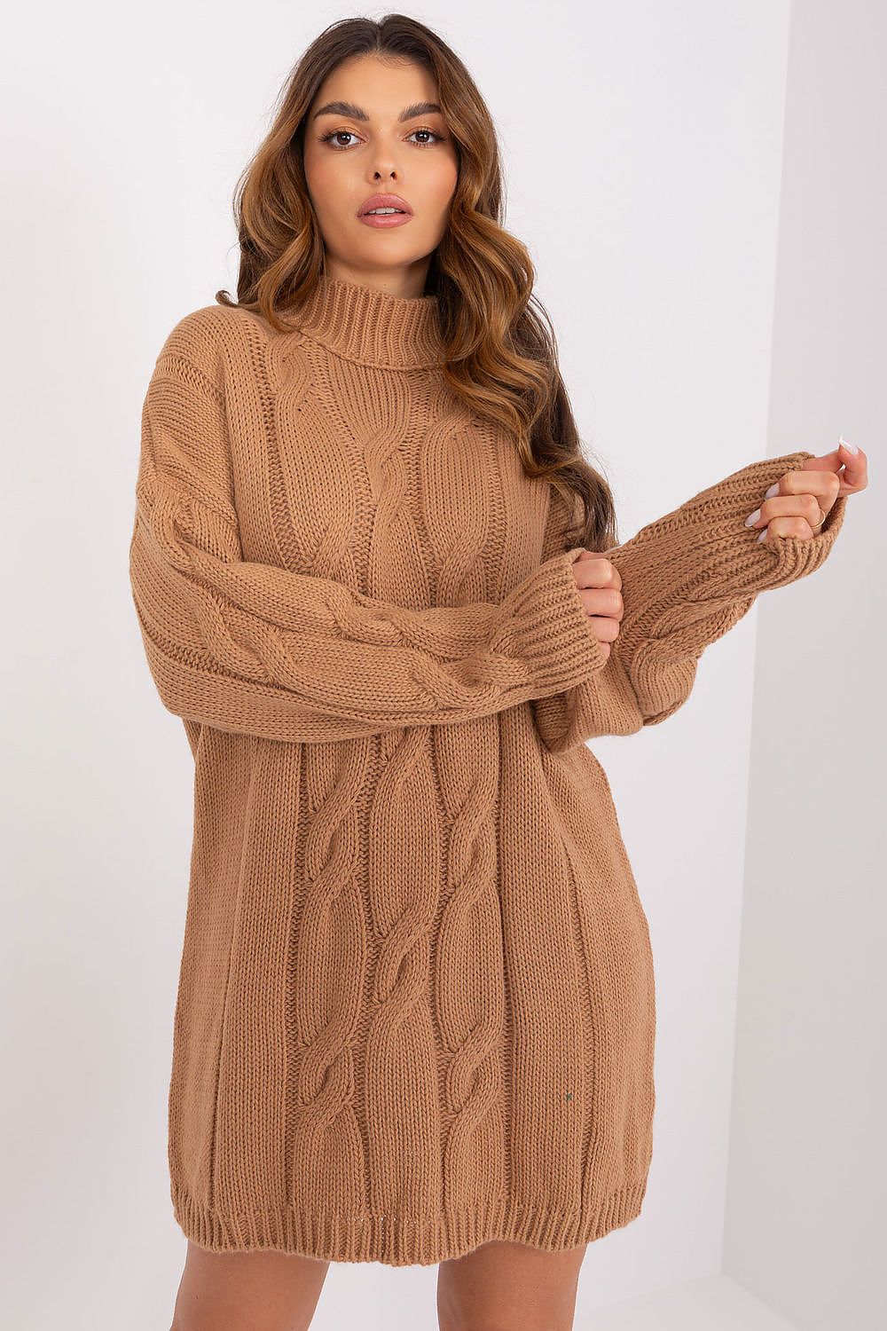 Brown turtleneck women’s dress made of soft variegated knit fabric.