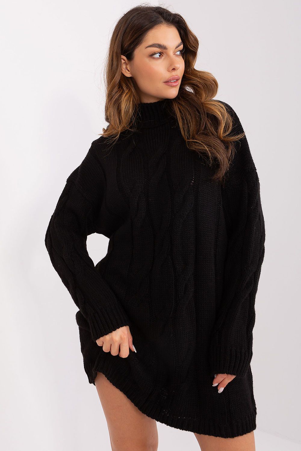 Black turtleneck knit dress for women with long sleeves and textured fabric.