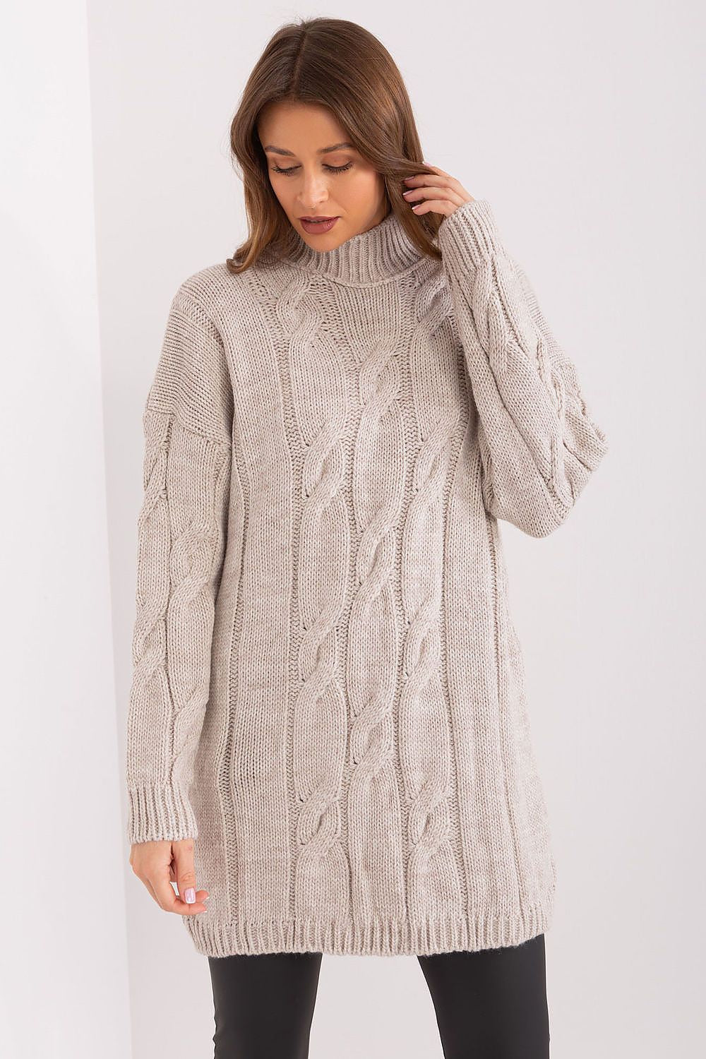 Beige turtleneck dress for women with long sleeves and soft knit material.
