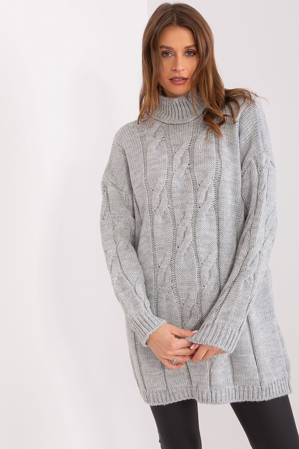 Grey women’s turtleneck knit dress with long sleeves and above-knee length.