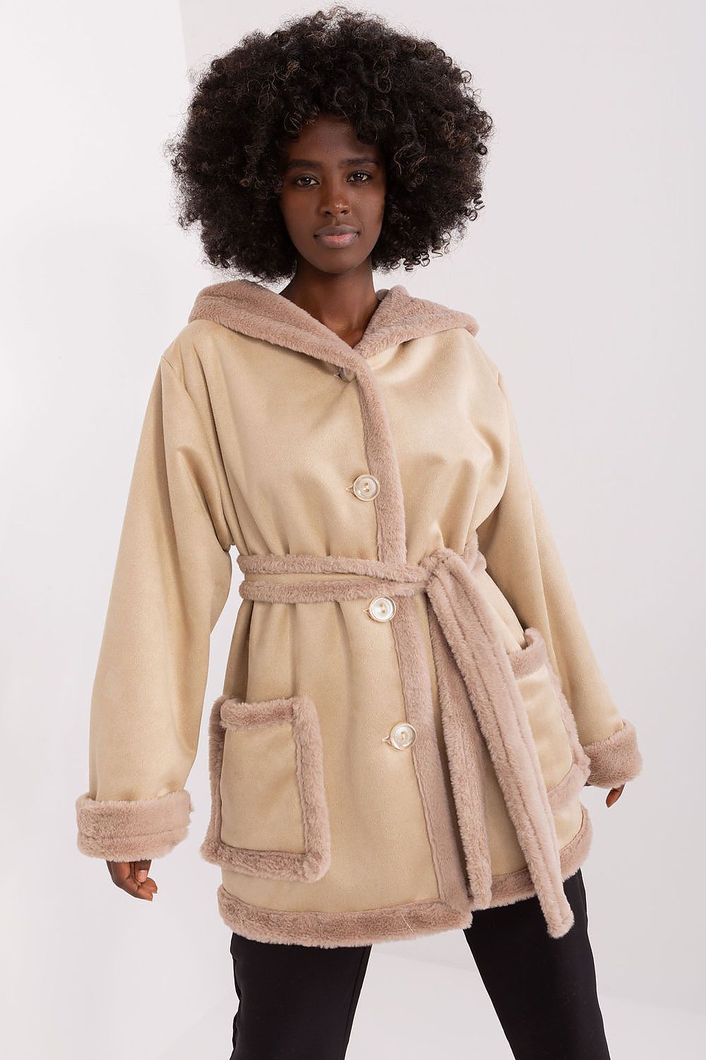  women’s winter coat with hood and waist tie belt-beige