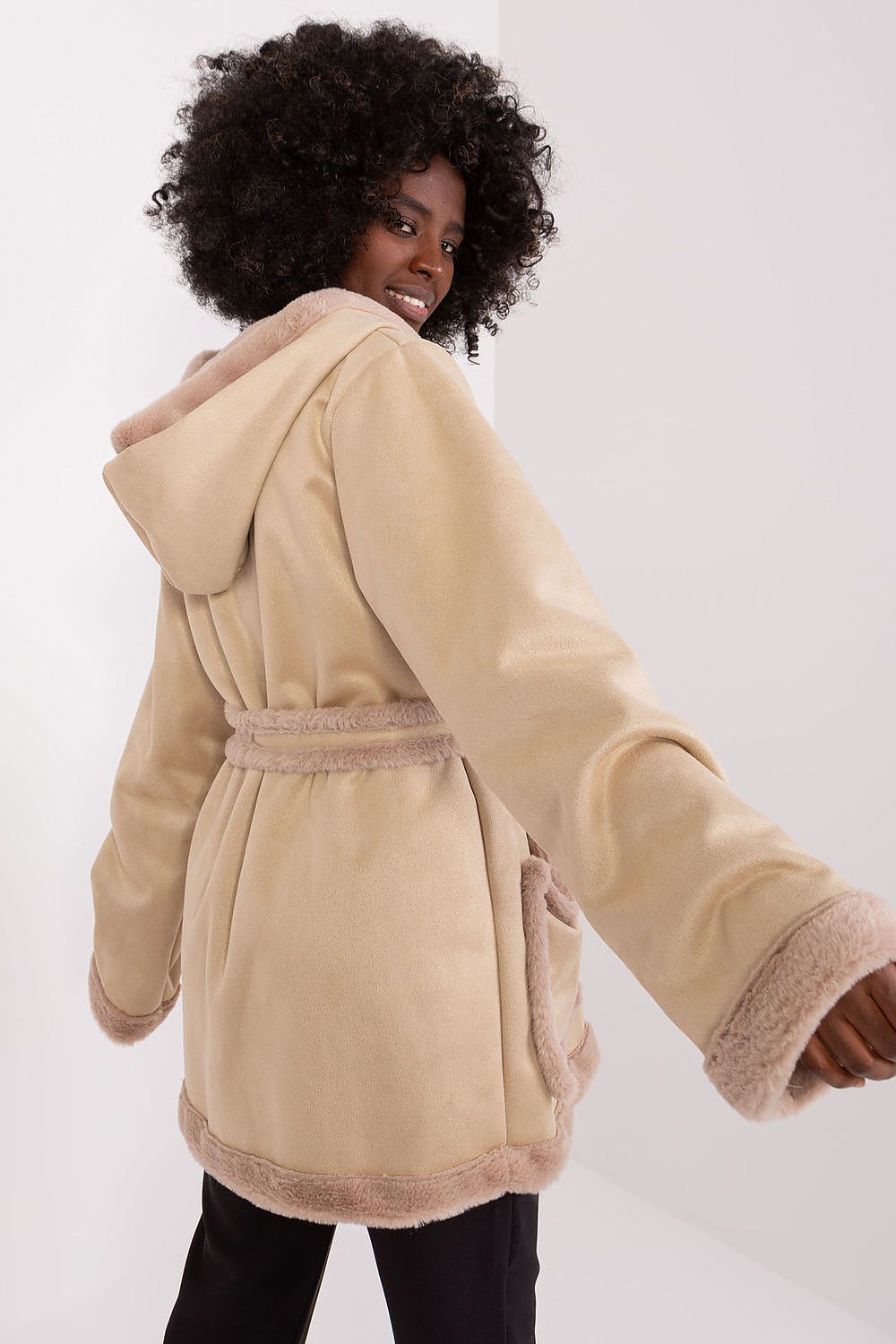 women’s winter coat with hood and waist tie belt-beige-3