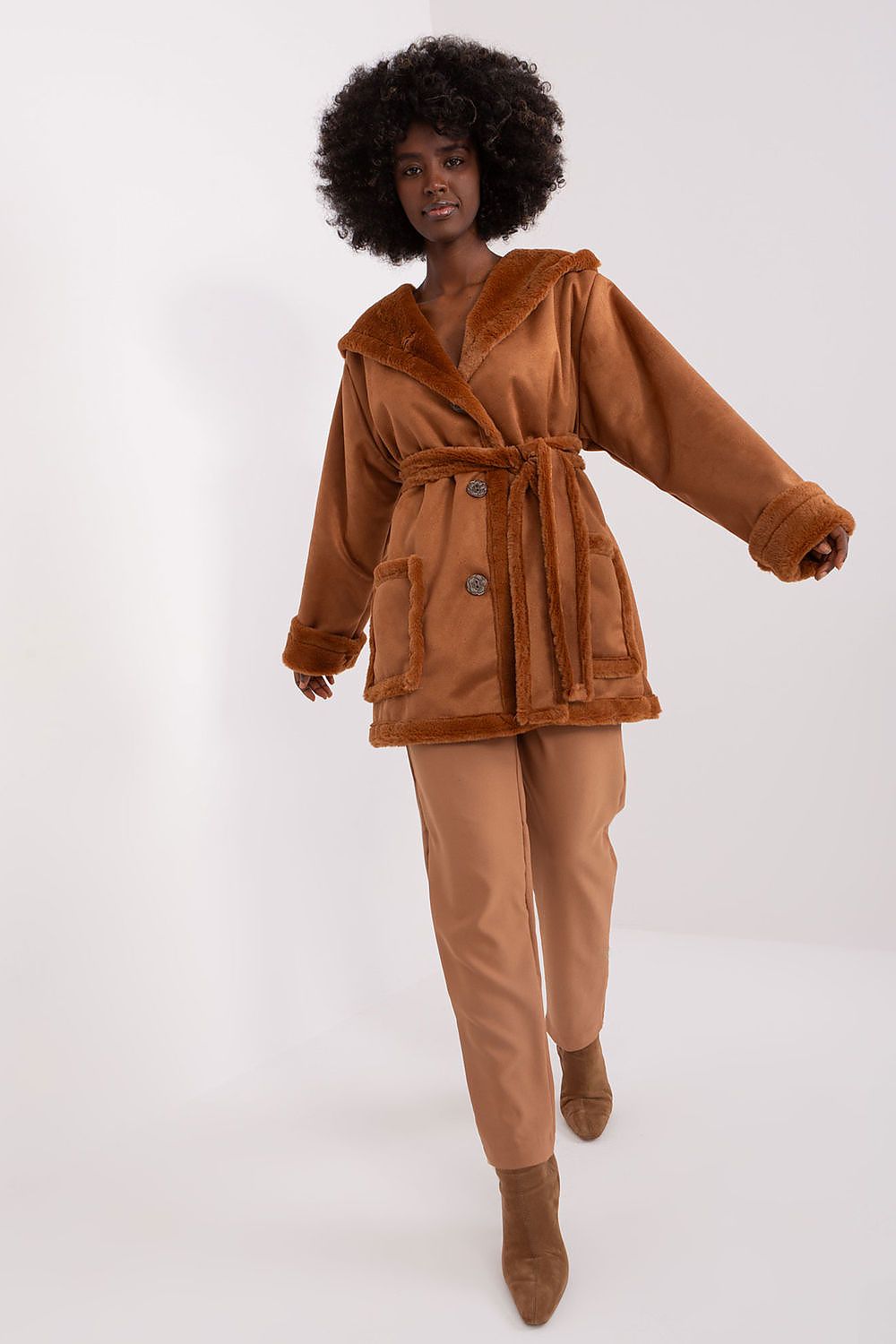 women’s winter coat with hood and waist tie belt
