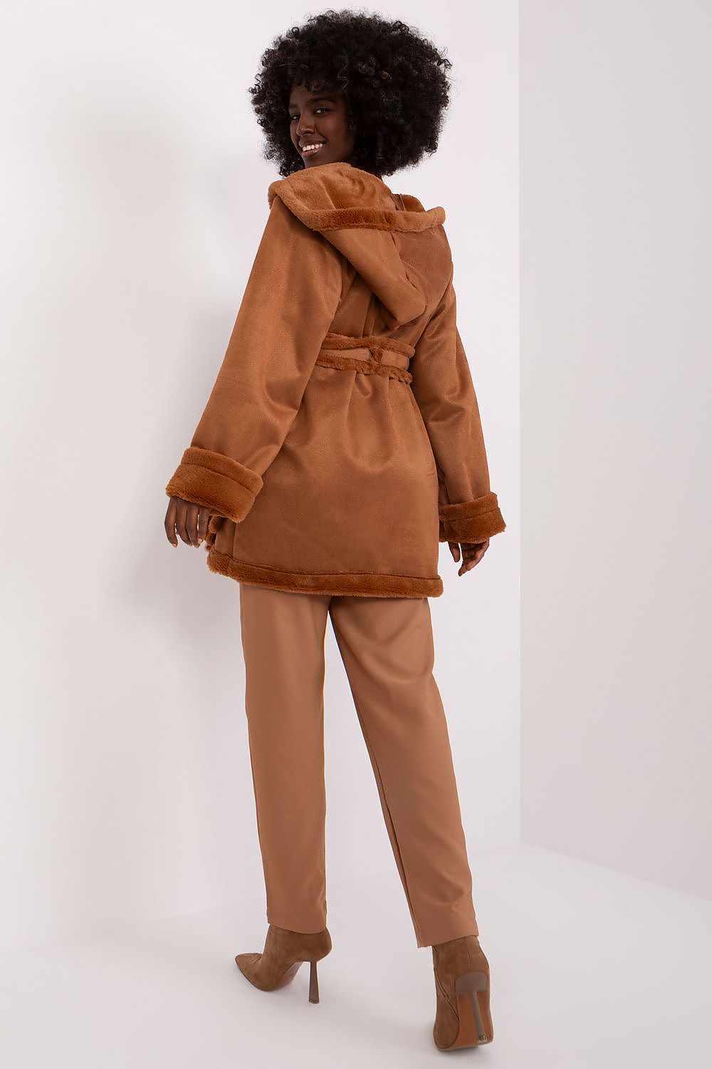 women’s winter coat with hood and waist tie belt-back-view