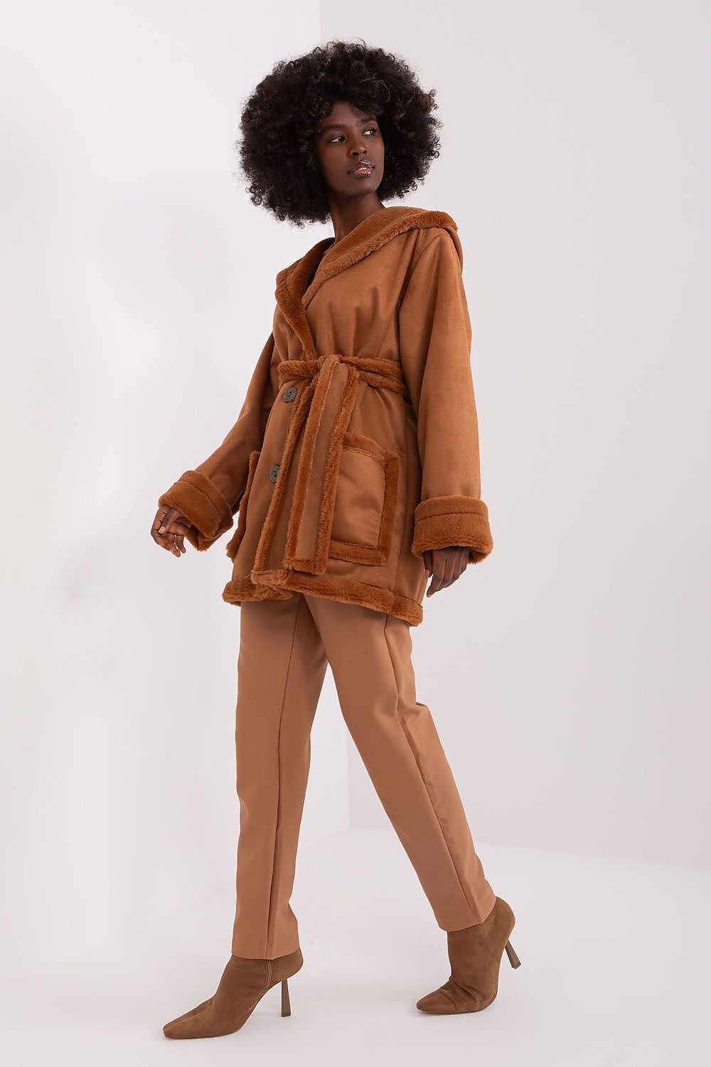 women’s winter coat with hood and waist tie belt-side-view