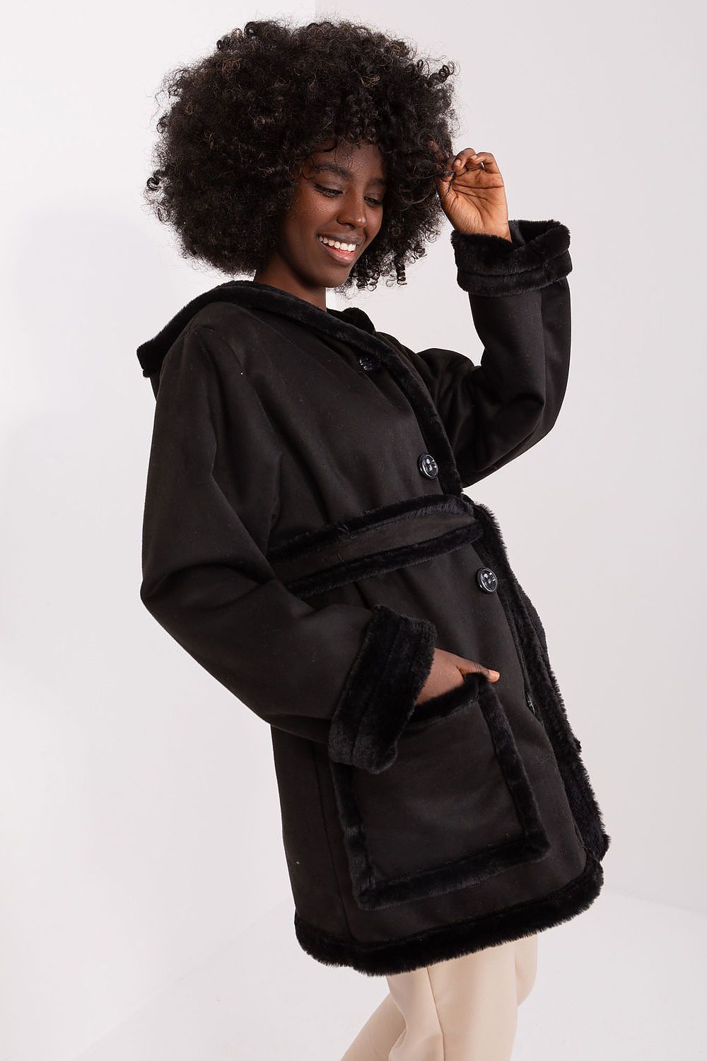  women’s winter coat with hood and waist tie belt-black