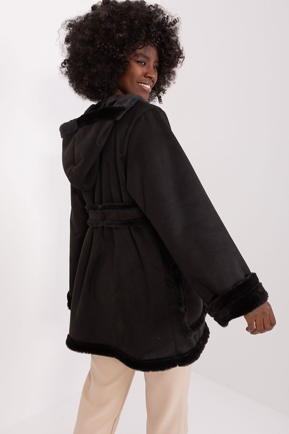 women’s winter coat with hood and waist tie belt-back-view