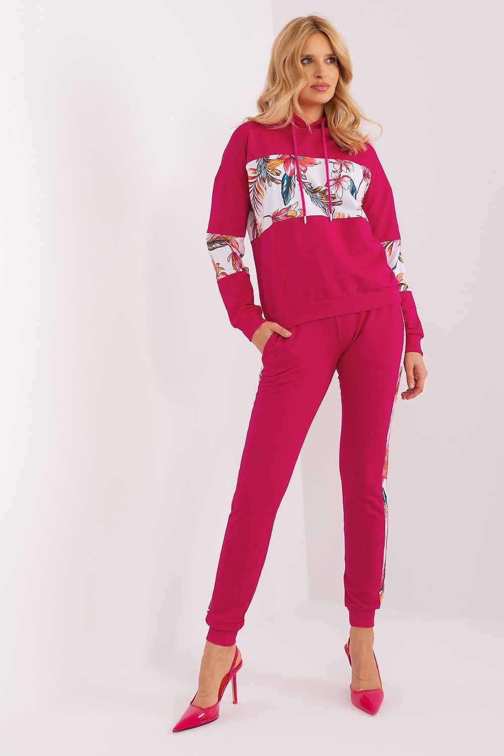  Pink women’s tracksuit set with floral inserts – full outfit front view