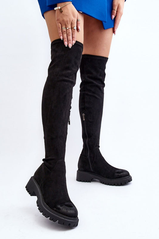 Thigh-High Eco-Suede Boots in Black – Front View 1