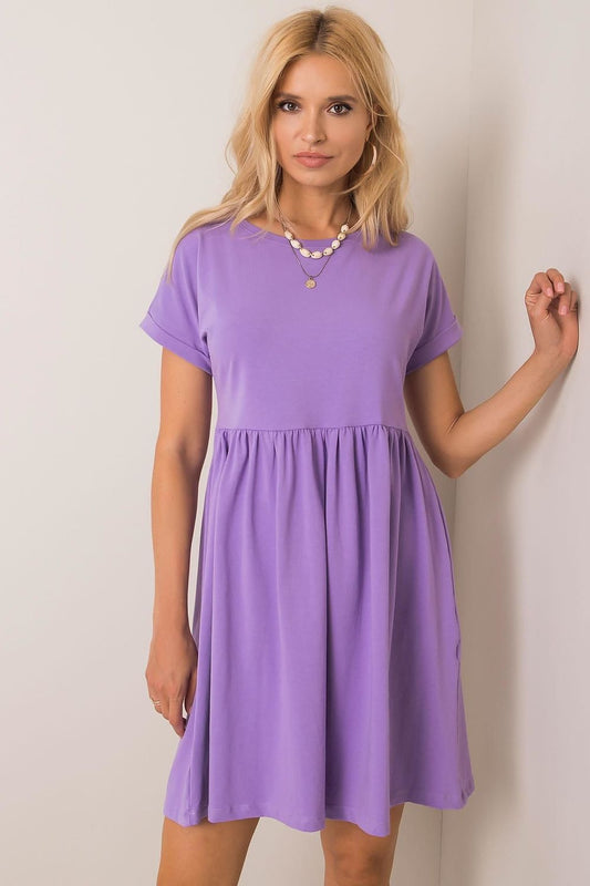  “Violet Everyday Flare Cotton Dress, front view with round neckline”