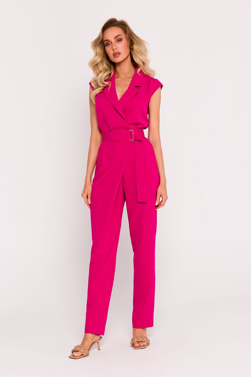  pink tailored wrap jumpsuit with v neckline and tapered legs