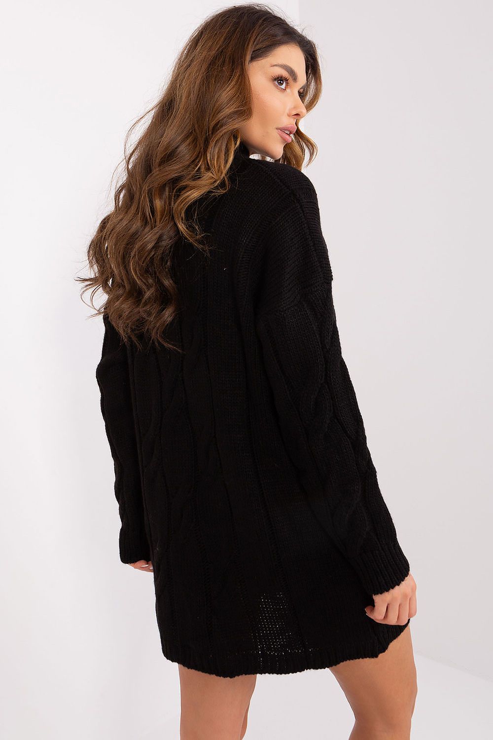 Close-up of grey turtleneck dress highlighting soft wool blend and detailed weave in black