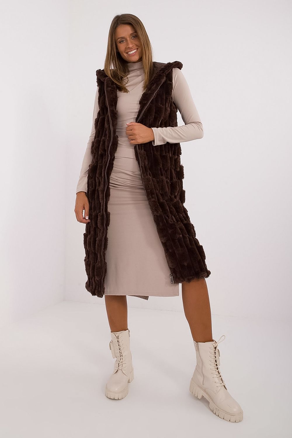 elegant rose signature winter vest with pockets-brown-3