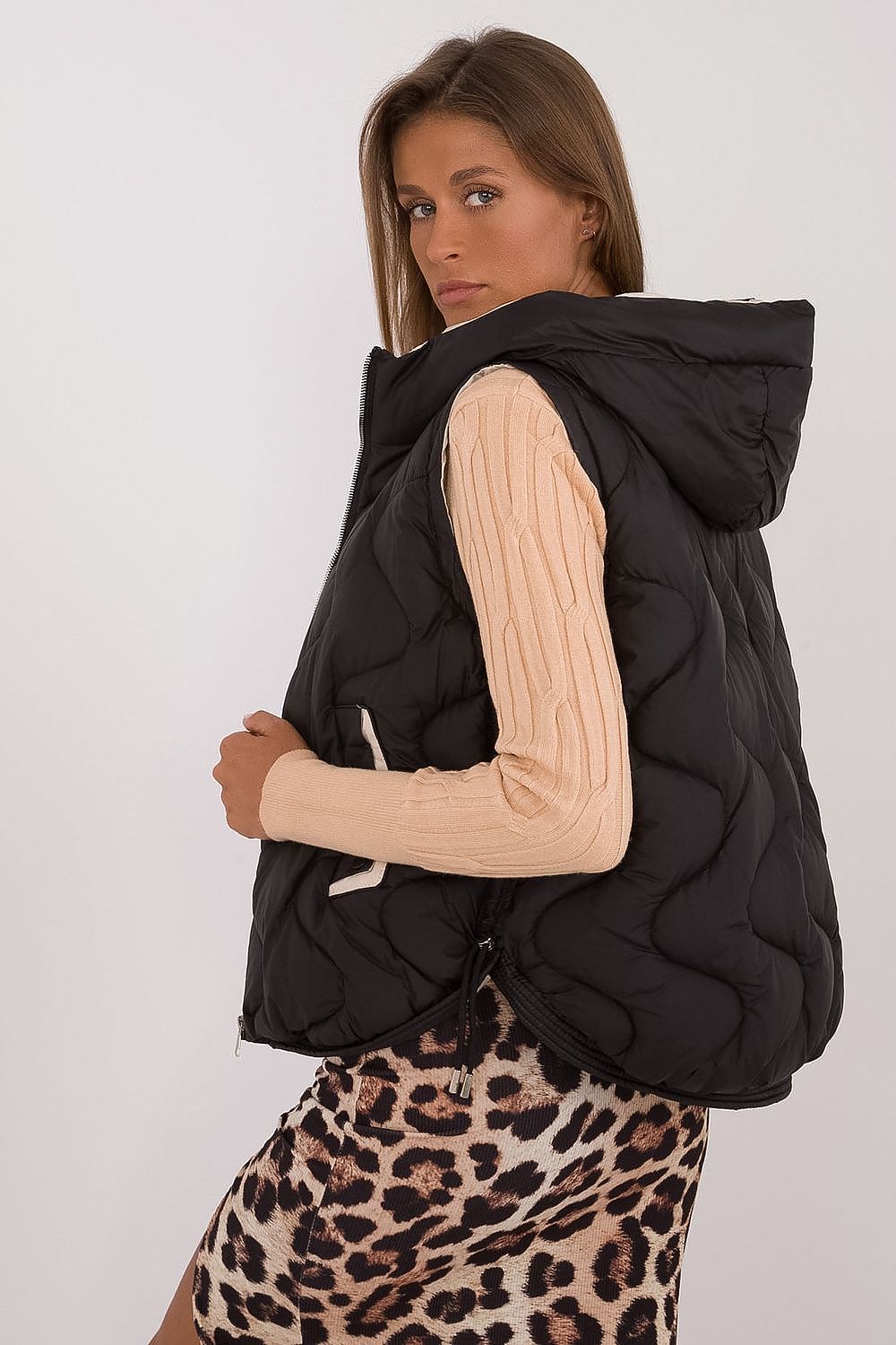  Women's black quilted gilet with practical hood and synthetic insulation