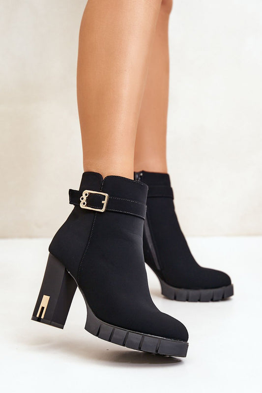“Aurora Buckle Heel Ankle Boots in Black, side view”