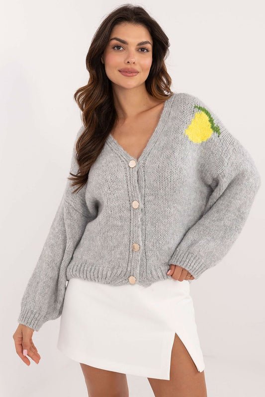 Front view of grey women’s casual buttoned sweater with V-neck and subtle front print.