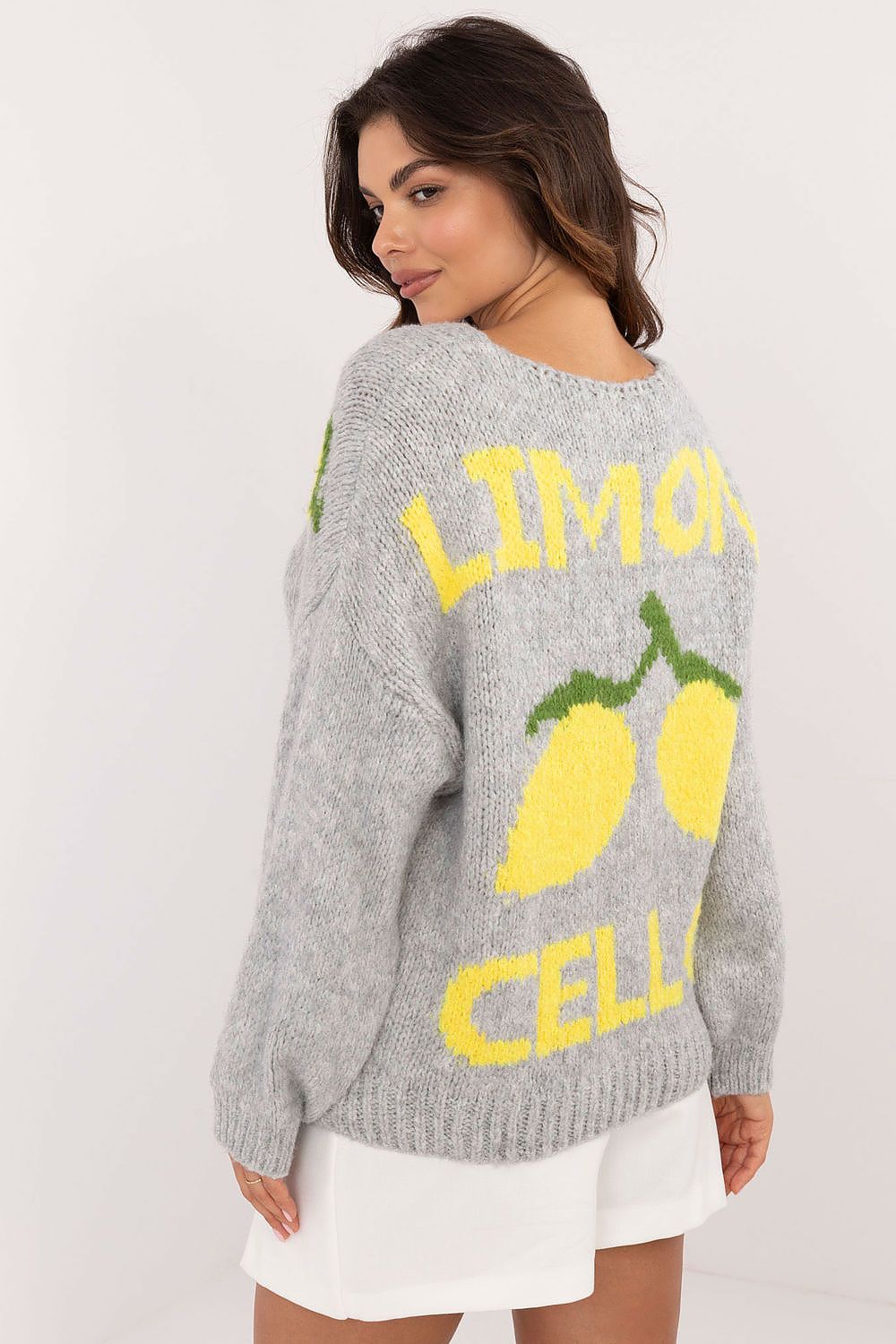 Back view of grey casual sweater highlighting bold back print design.