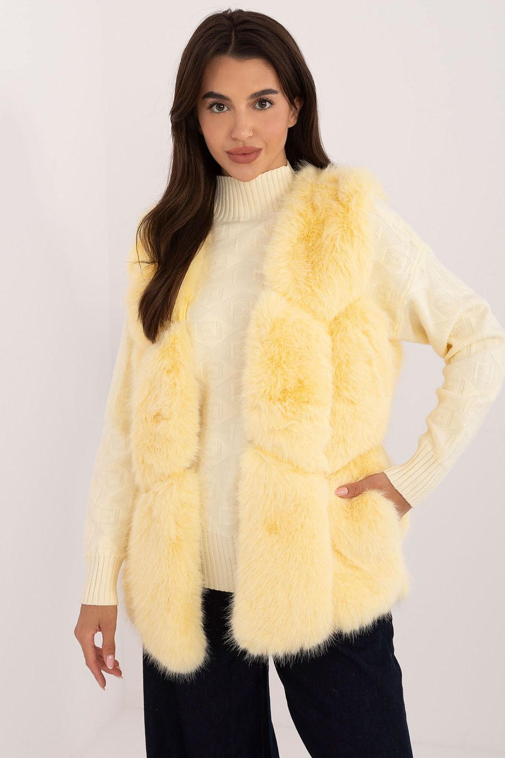 Womens Faux Fur Gilet Vest Yellow Front