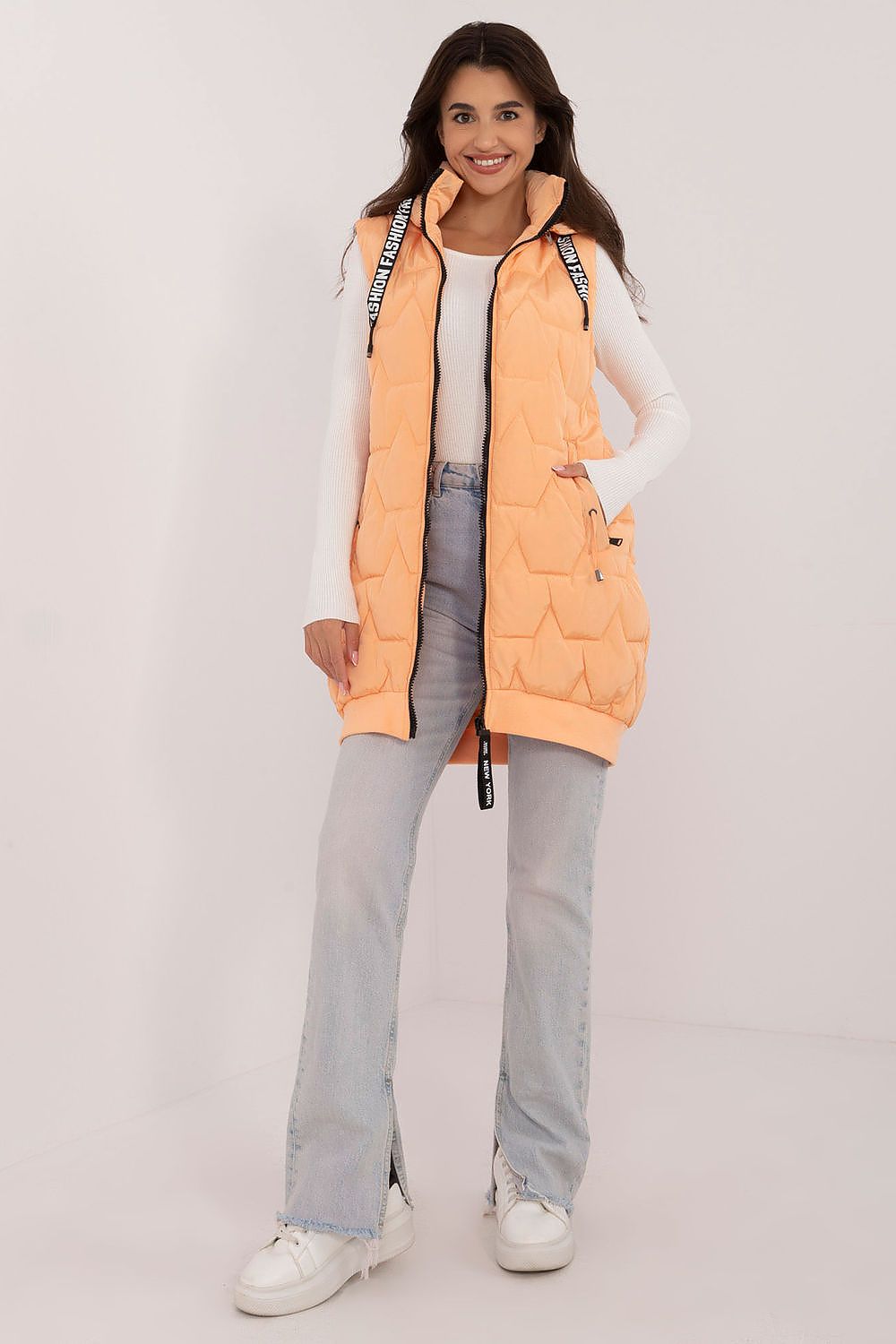  Orange long quilted vest with detachable hood and zip pockets
