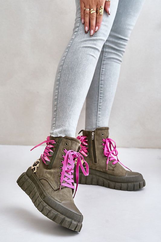 “Nordic Lace-Up Platform Boots in Green, side view”