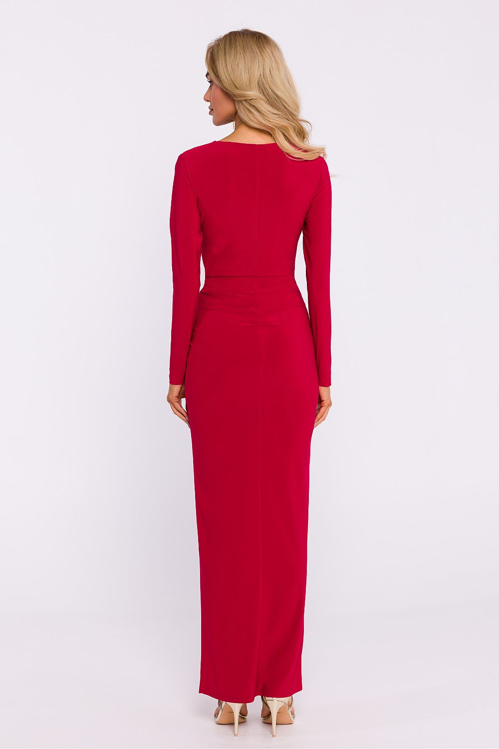 Red dress worn by a person on a white background