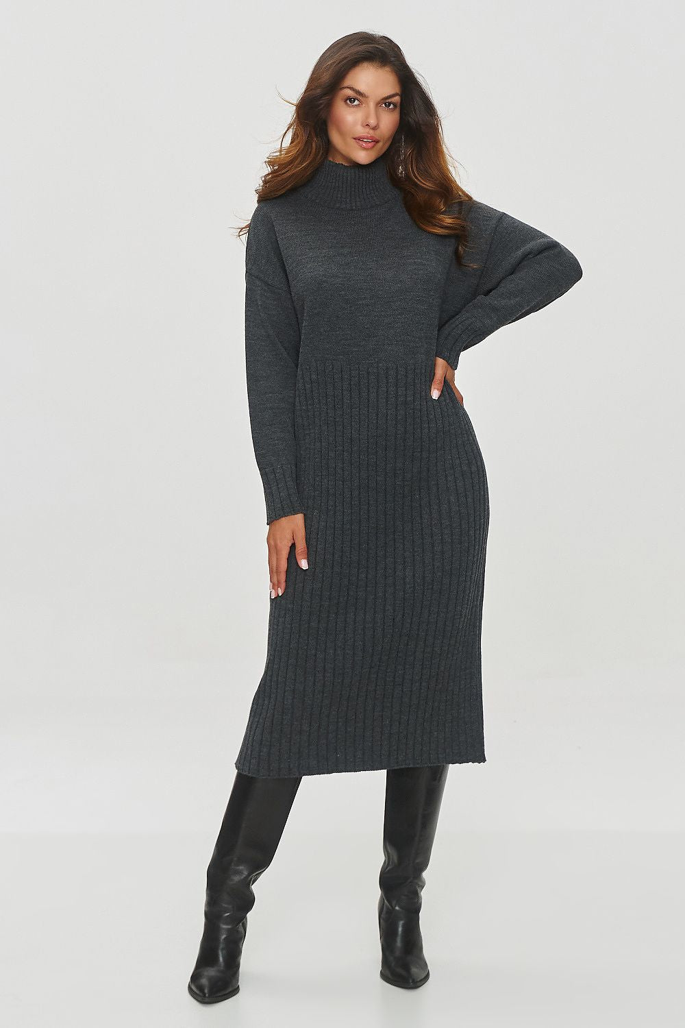  Women's black knitted roll-neck dress with textured ribbed-style hem