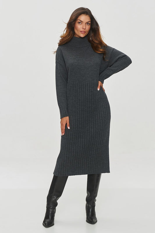  Women's black knitted roll-neck dress with textured ribbed-style hem