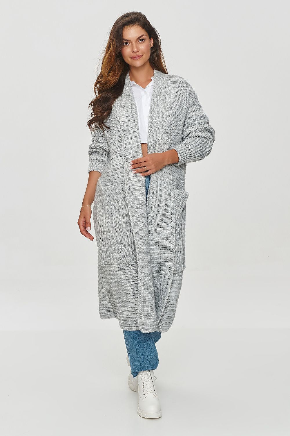  Roslyn grey longline ribbed knit oversized cardigan with side pockets