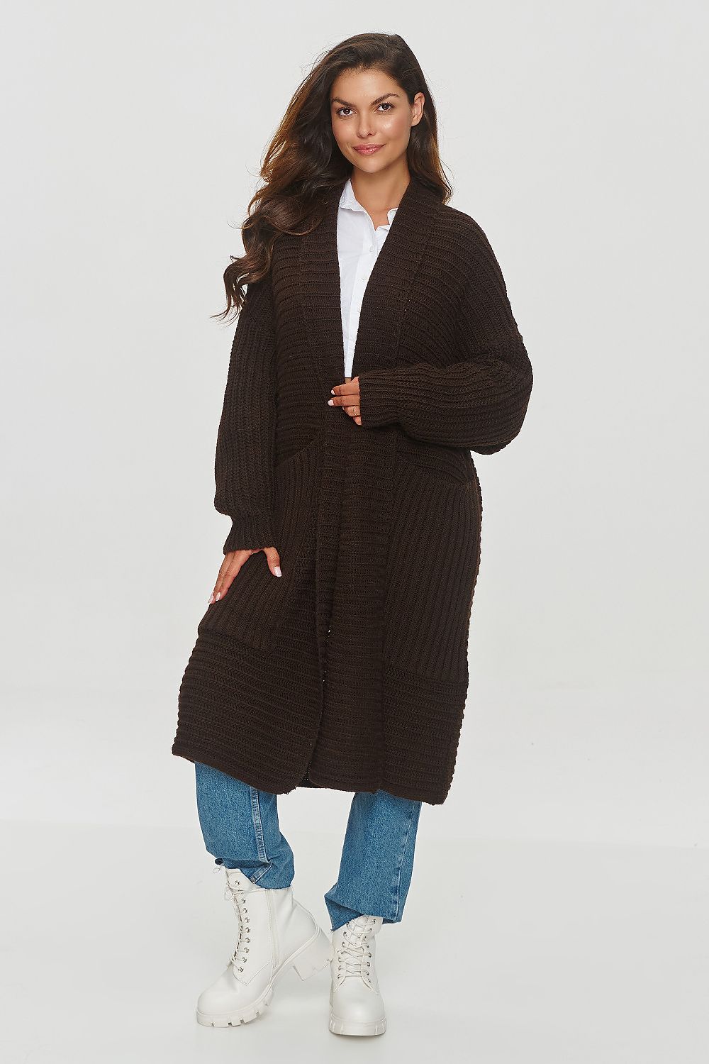  Roslyn black longline ribbed knit cardigan with practical side pockets