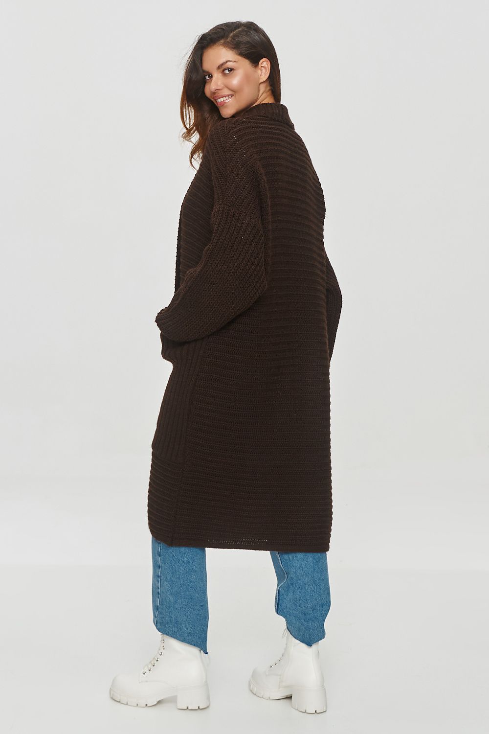  Roslyn black longline ribbed knit cardigan with practical side pockets-rear-view
