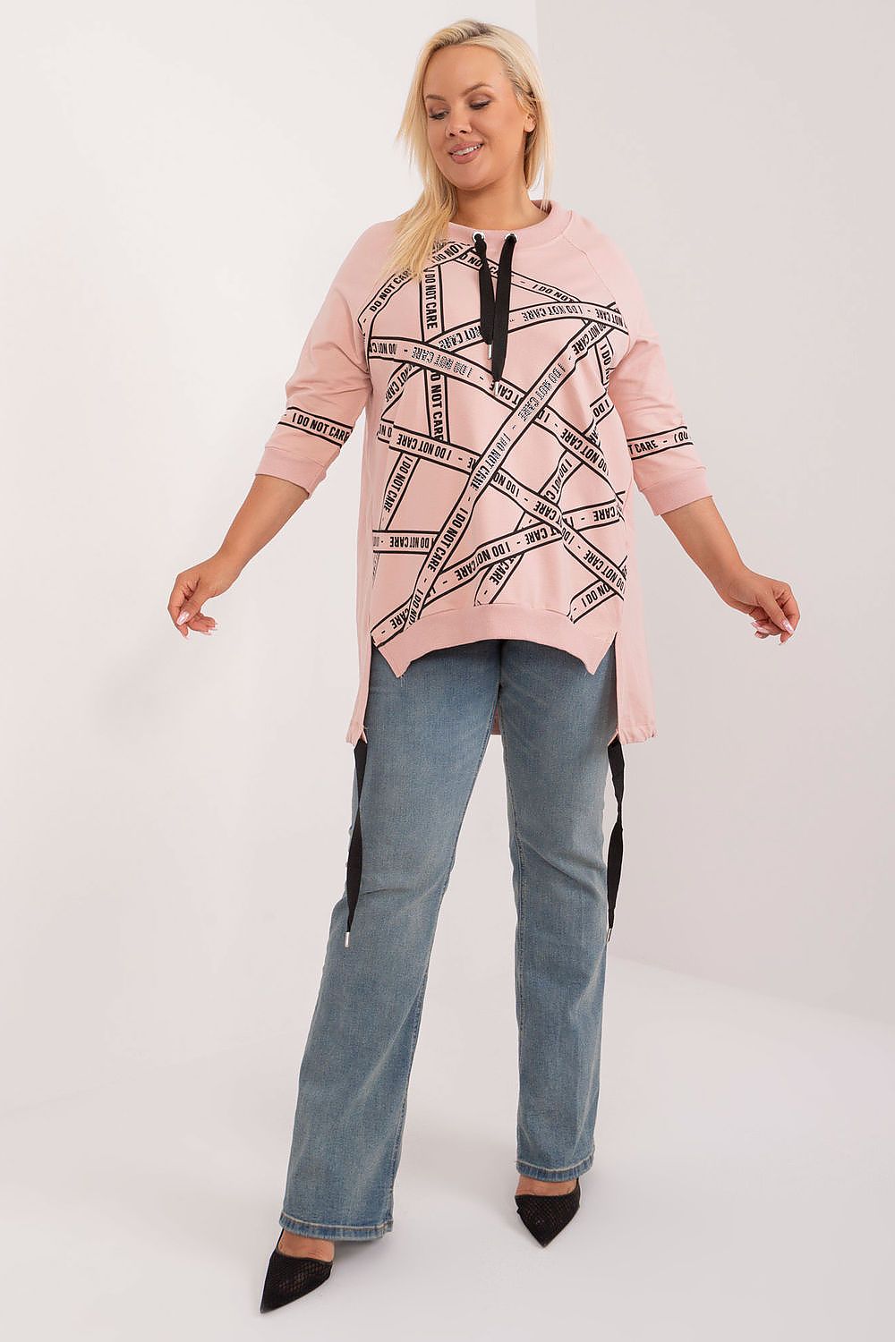  Pink asymmetrical plus size top with rhinestone inscriptions, front view