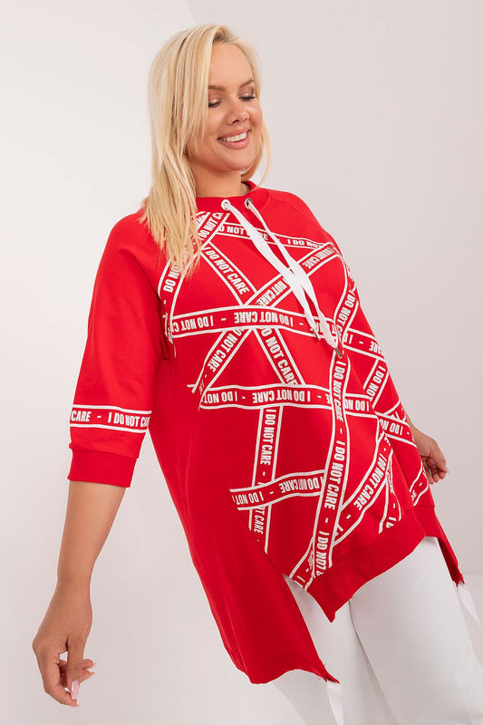  Red plus size asymmetrical top with rhinestone detail on front, front view