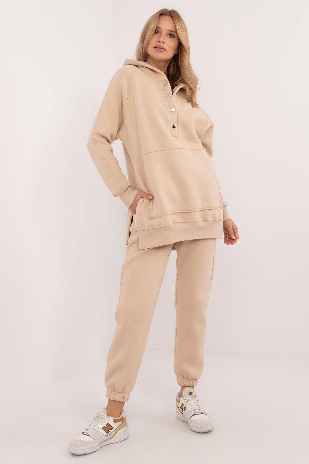 Beige mélange 3-piece women’s set with hoodie, joggers, and T-shirt, front view.