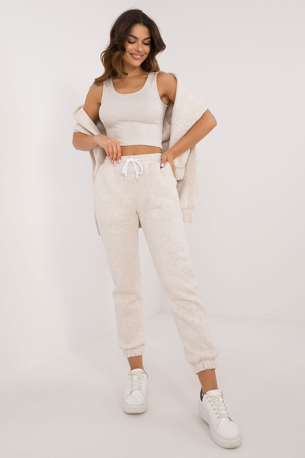 Beige-4 3-piece set with hooded top, T-shirt, and drawstring joggers.