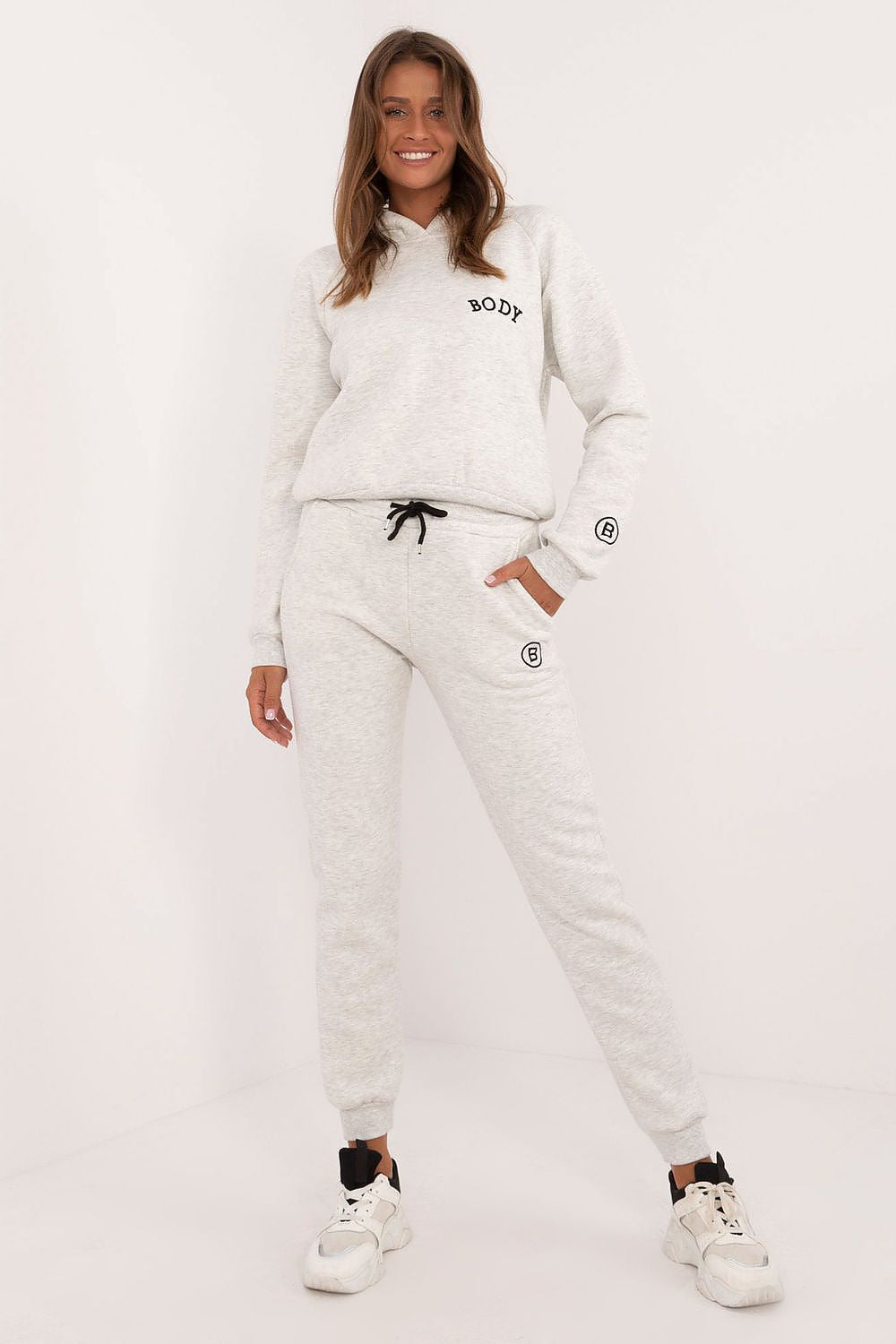  Grey insulated lounge set front view with hooded sweatshirt and joggers