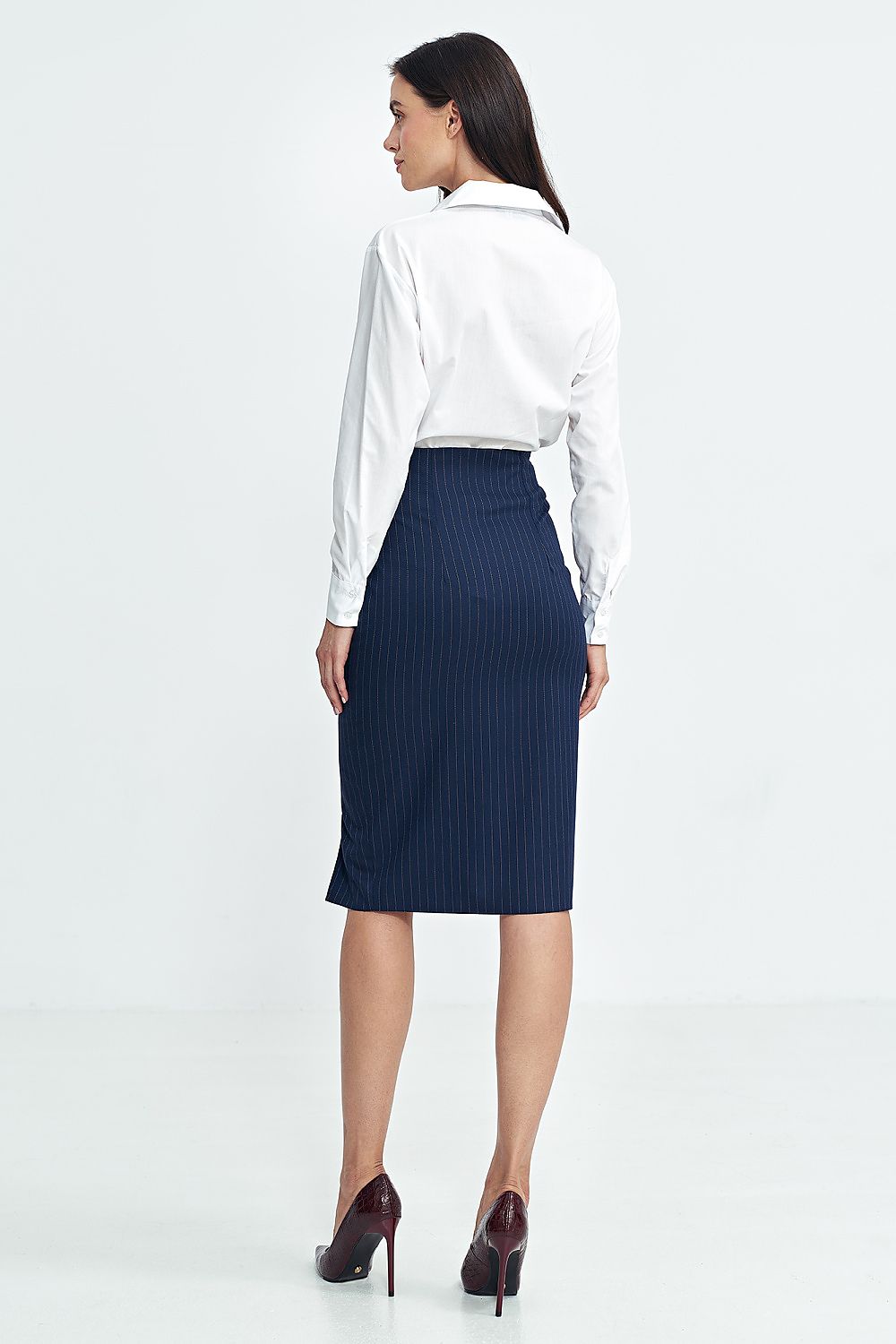  high waist striped skirt with front slit and button detail