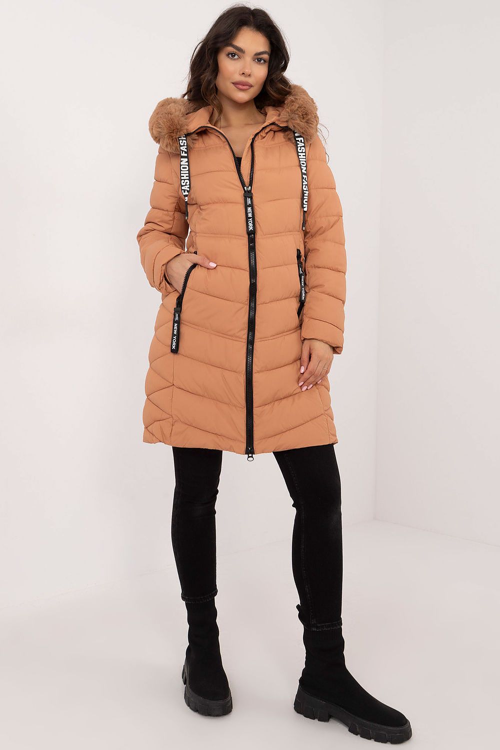 Brown quilted winter jacket with detachable fur and hood.