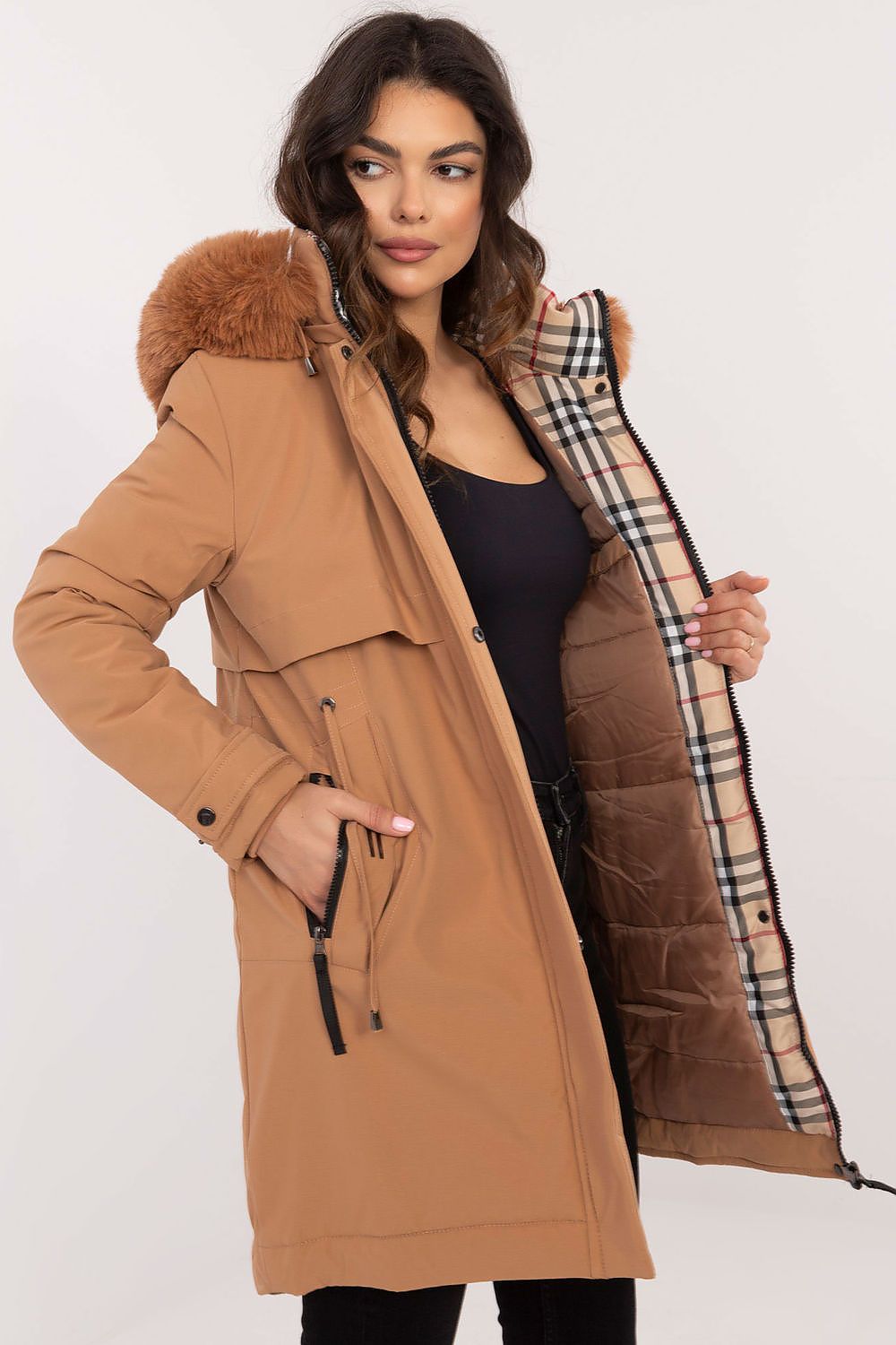  Brown padded jacket with detachable fur and waist belt.