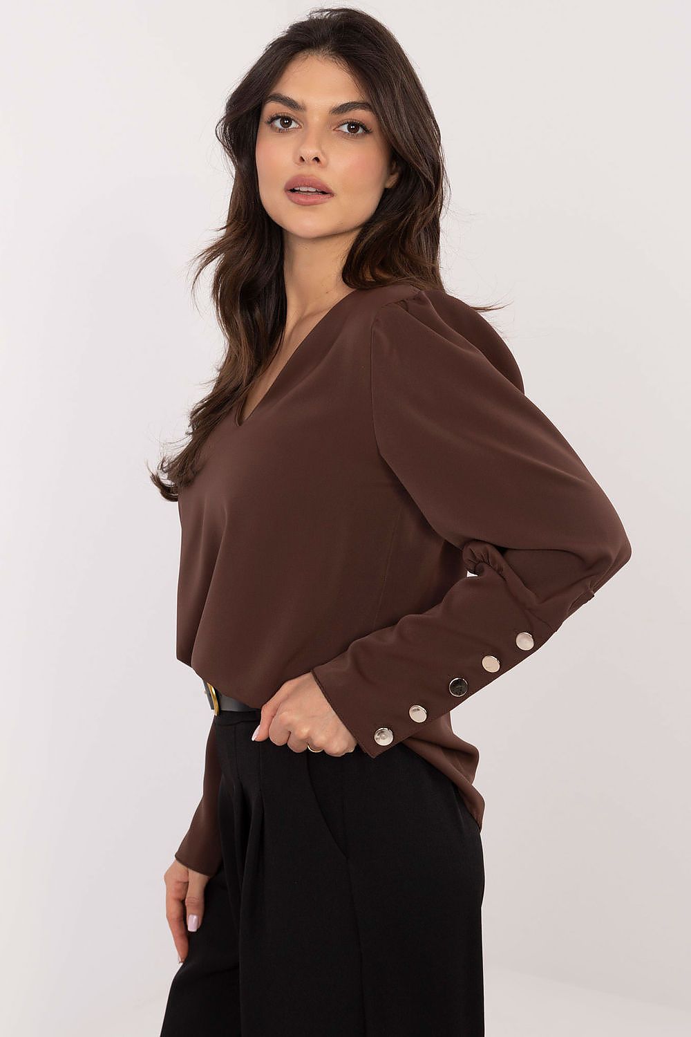 Brown elegant V-neck blouse with puffy sleeves and buttoned cuffs.