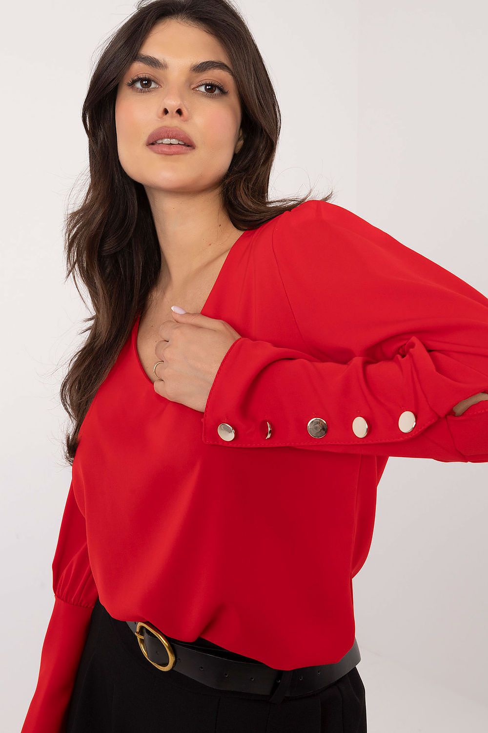 Front view of red blouse showcasing classic cut and smooth fabric.