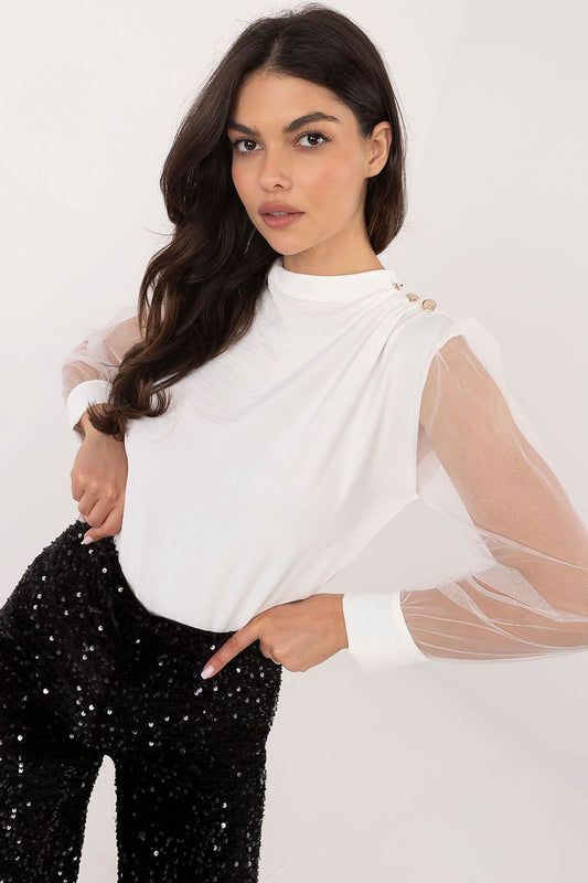 White elegant women’s blouse with long mesh sleeves and pleated shoulders — front view.
