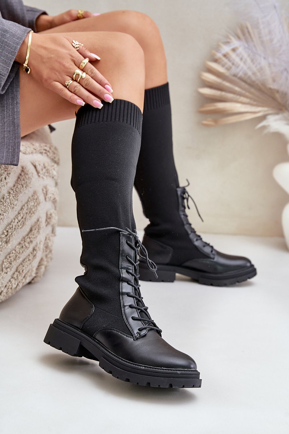 Combination Sock Boots in Black – Front View 2