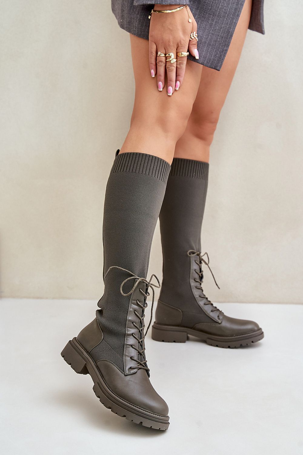Combination Sock Boots in Green – Front View 2