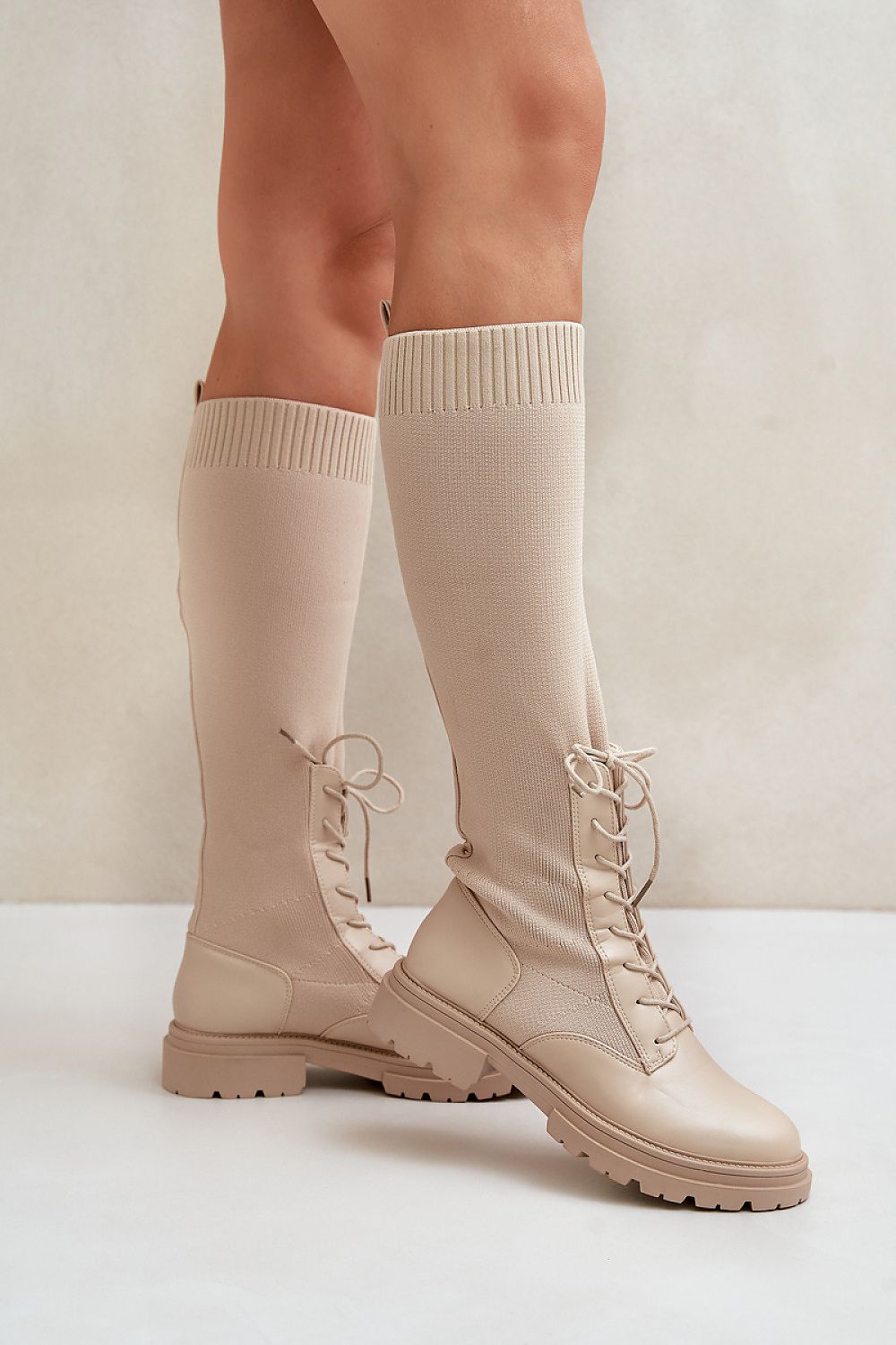 Combination Sock Boots in Beige – Front View 2