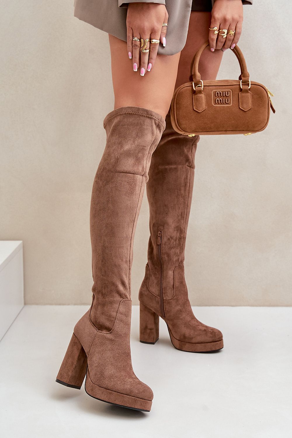 Eco-Suede Heel Boots in Beige – Front View 1